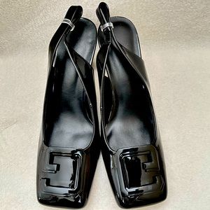 Vintage patent leather black Women slingback sandal heel shoes size 7M/38